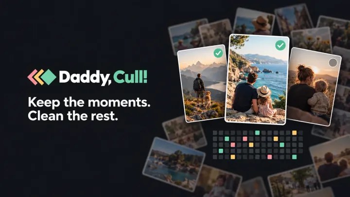 Daddy, Cull! Photo cards being kept or cleared beside a calendar of dates.